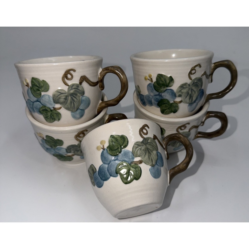Metlox POPPYTRAIL 5 Coffee Tea Cups SCULPTURED GRAPE Poppy Trail Blue Teacup Cup